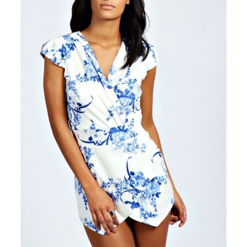 Blue and white floral romper